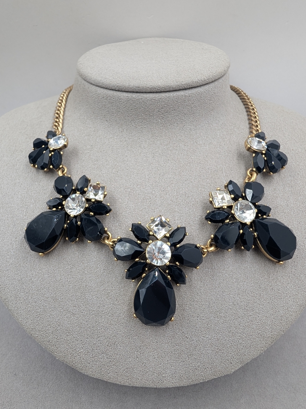 J.Crew Blue Black Crystal Floral Statement Necklace Gold Tone | 1030